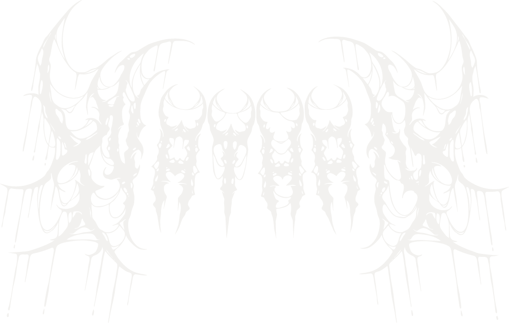 Intricate white black‑metal style band logo with mirrored spiky, dripping letterforms on a black background.