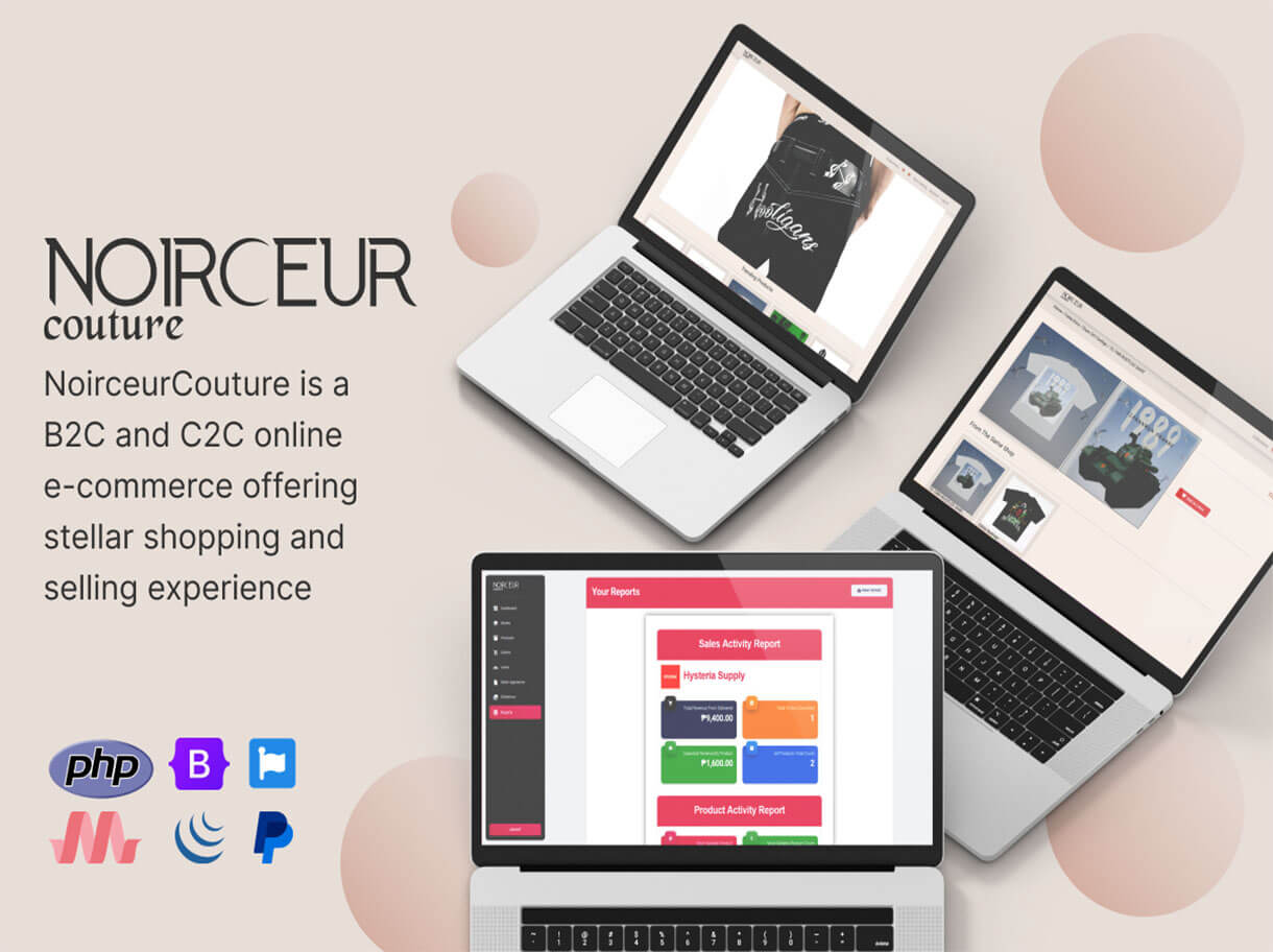 NoirceurCouture e-commerce mockup with three laptops showing product pages and dashboard plus tech stack icons (PHP, Bootstrap, PayPal).