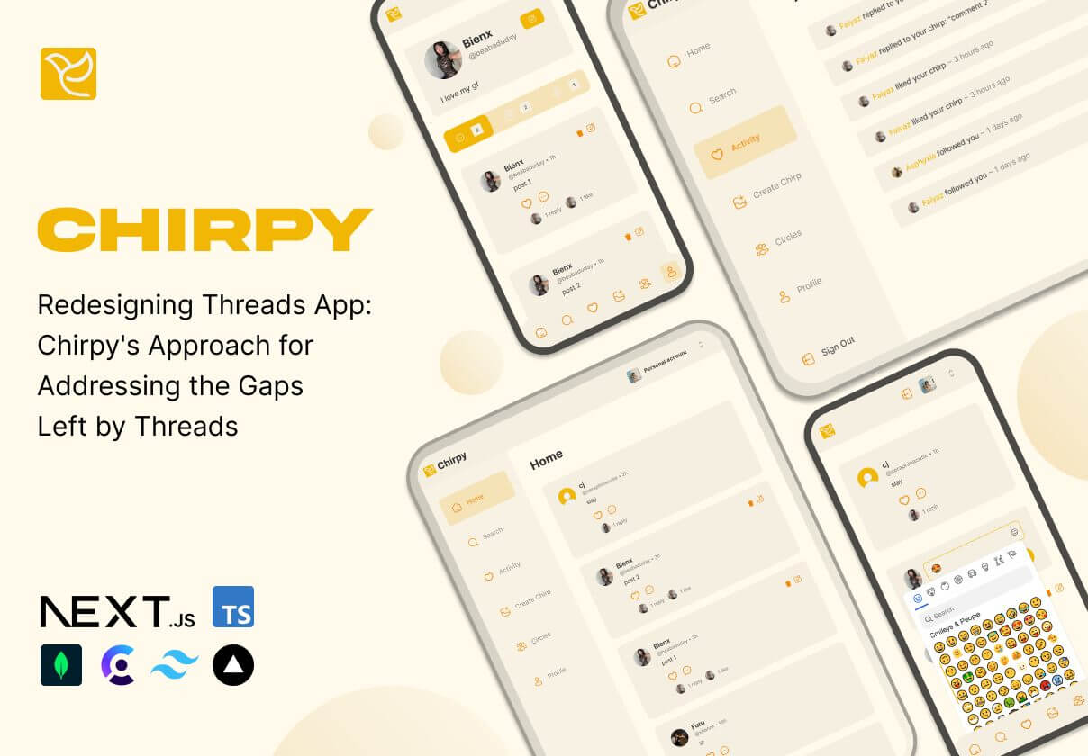 Chirpy social app mockup showing mobile and tablet screens with feed cards, activity sidebar, and emoji composer in a warm yellow theme.