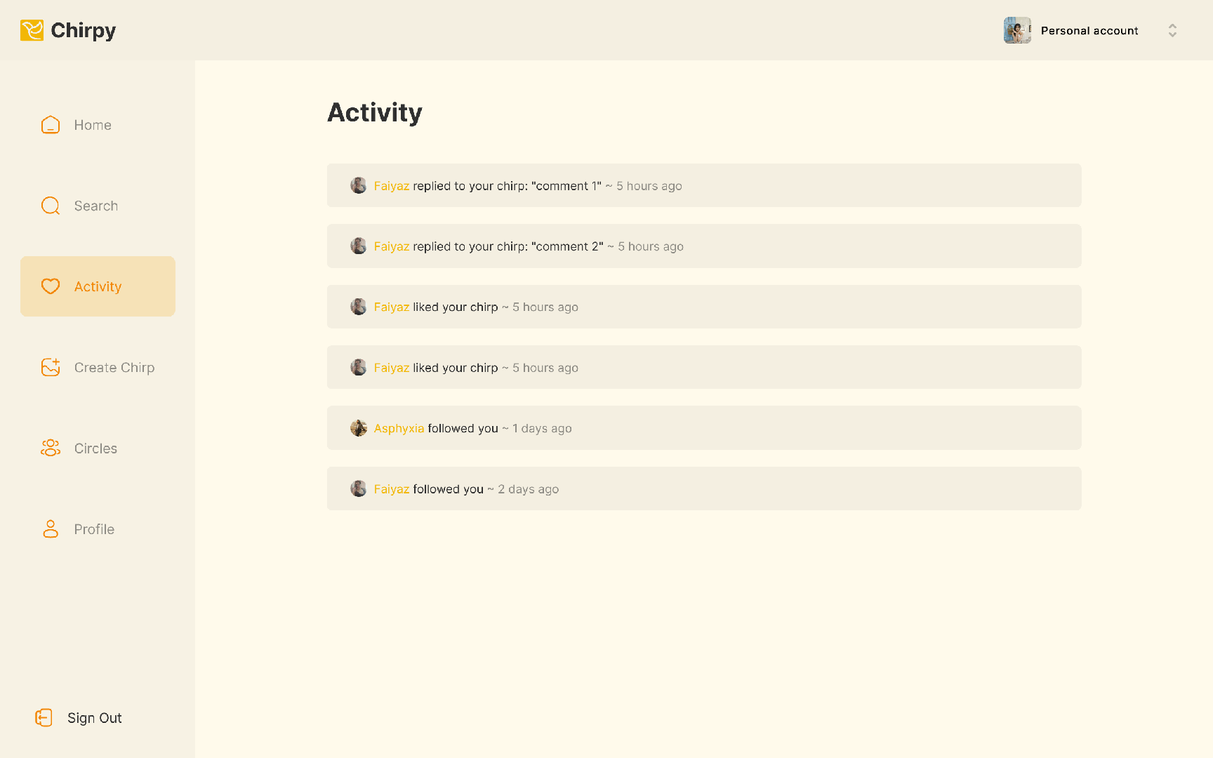 Chirpy activity notifications page listing recent likes, replies, and new followers from users Faiyaz and Asphyxia.
