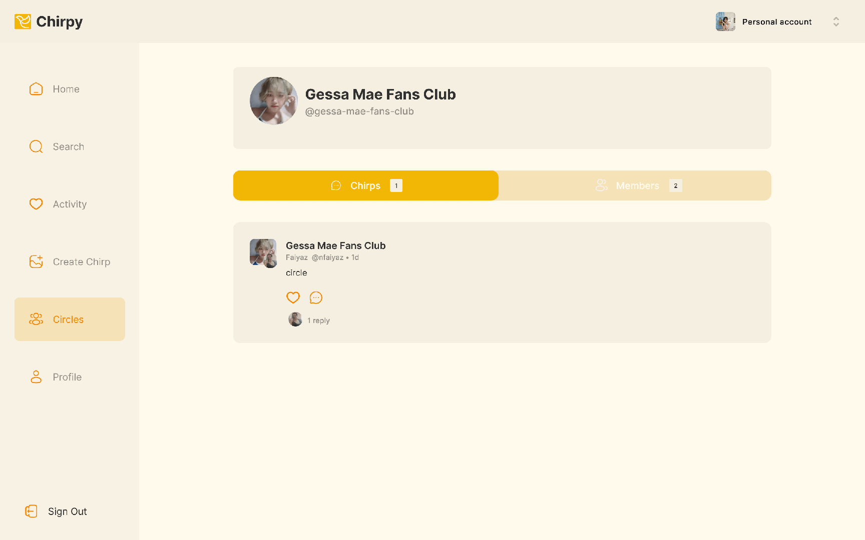Chirpy group circle interface for "The Ragers" showing member list, active discussions, and join request buttons.