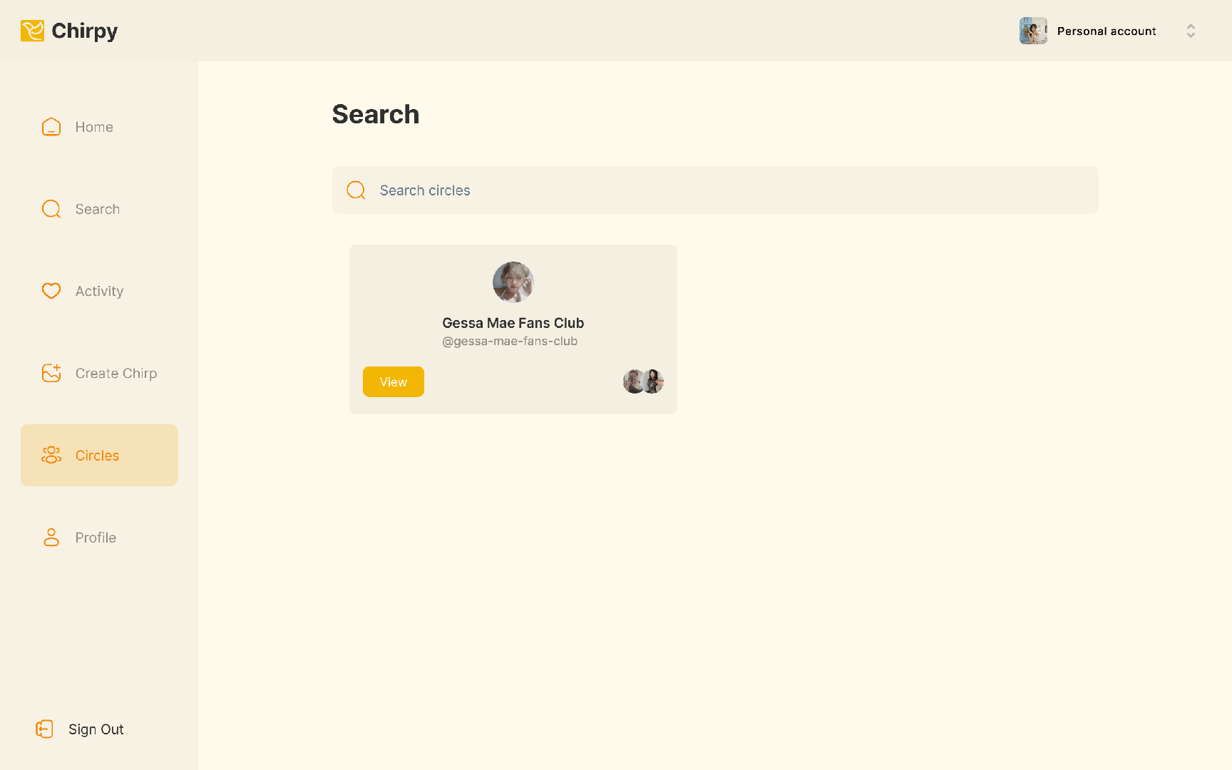 Grid view of Chirpy Circles showing various communities like "The Ragers" and "E-commerce" with join status.