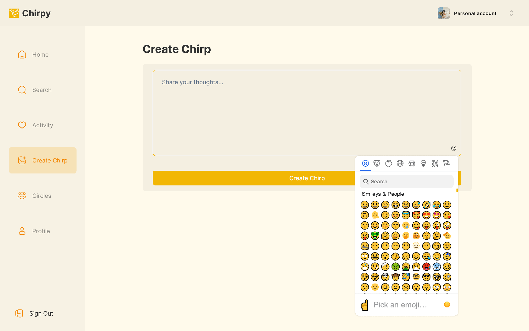 "Create Chirp" interface featuring a text area and an active emoji picker for expressive microblogging.
