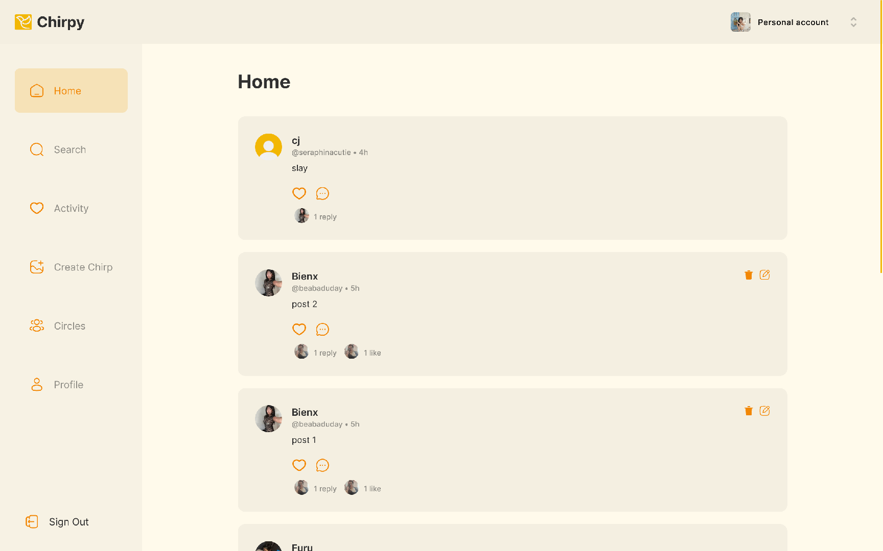 Chirpy social media homepage UI showing user feed with posts from Bienx and cj including likes and replies.