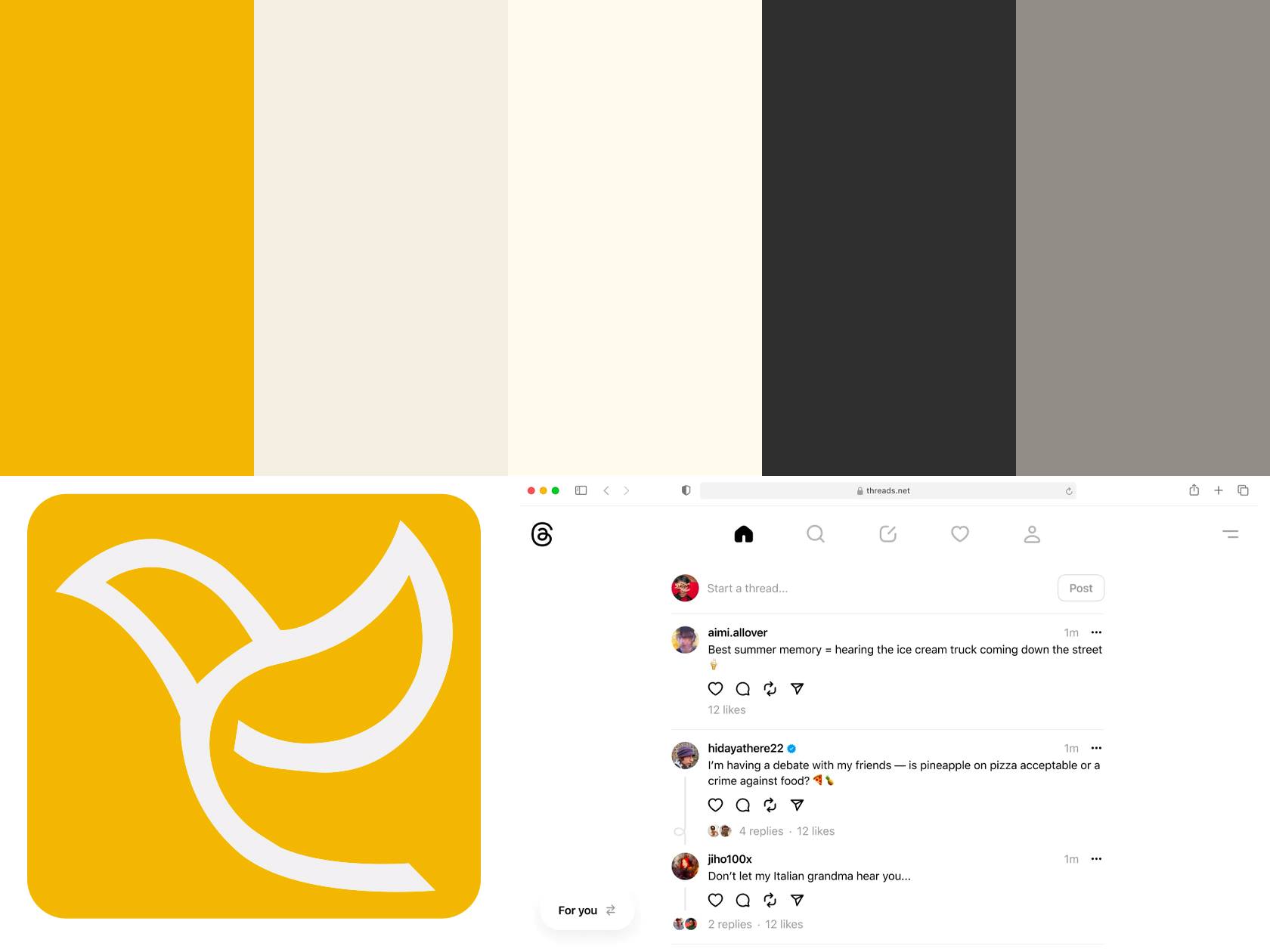 Chirpy brand mood board showing a yellow bird logo, color palette, and competitive analysis of the Threads app UI.