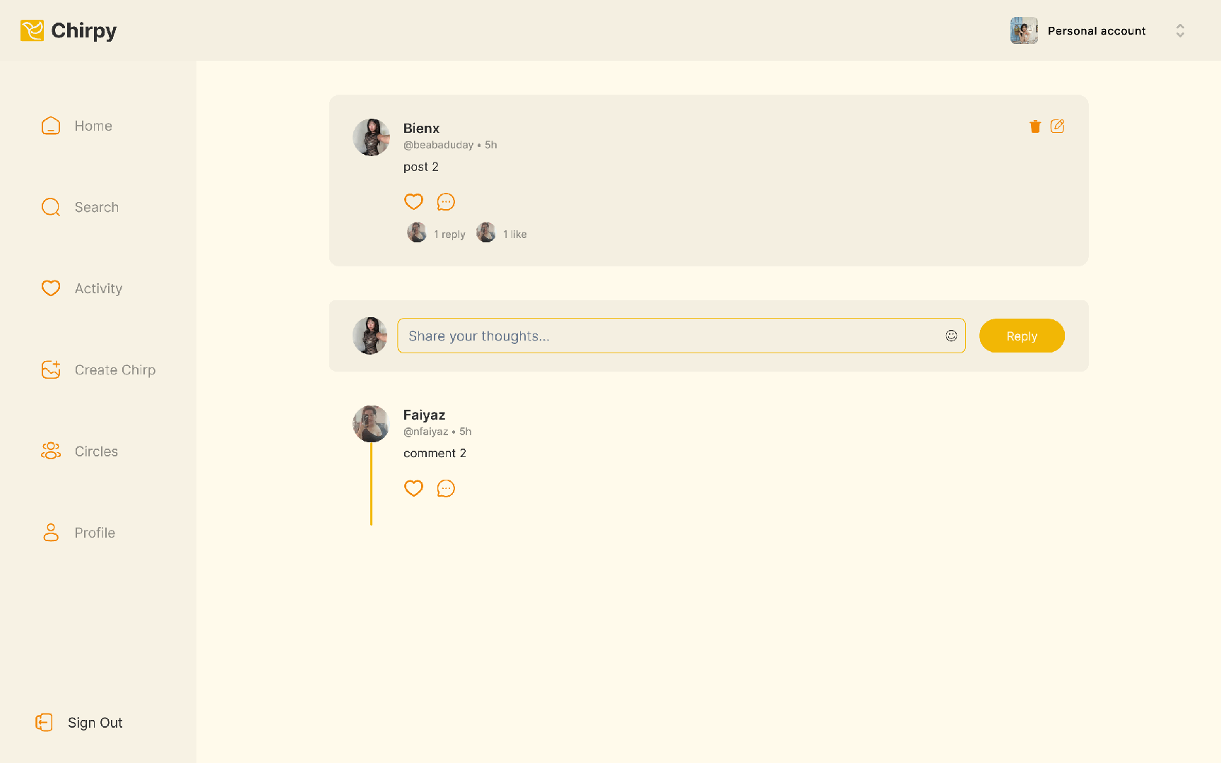 Chirpy post interaction screen with a reply input field and nested comment from user Faiyaz on a Bienx post.