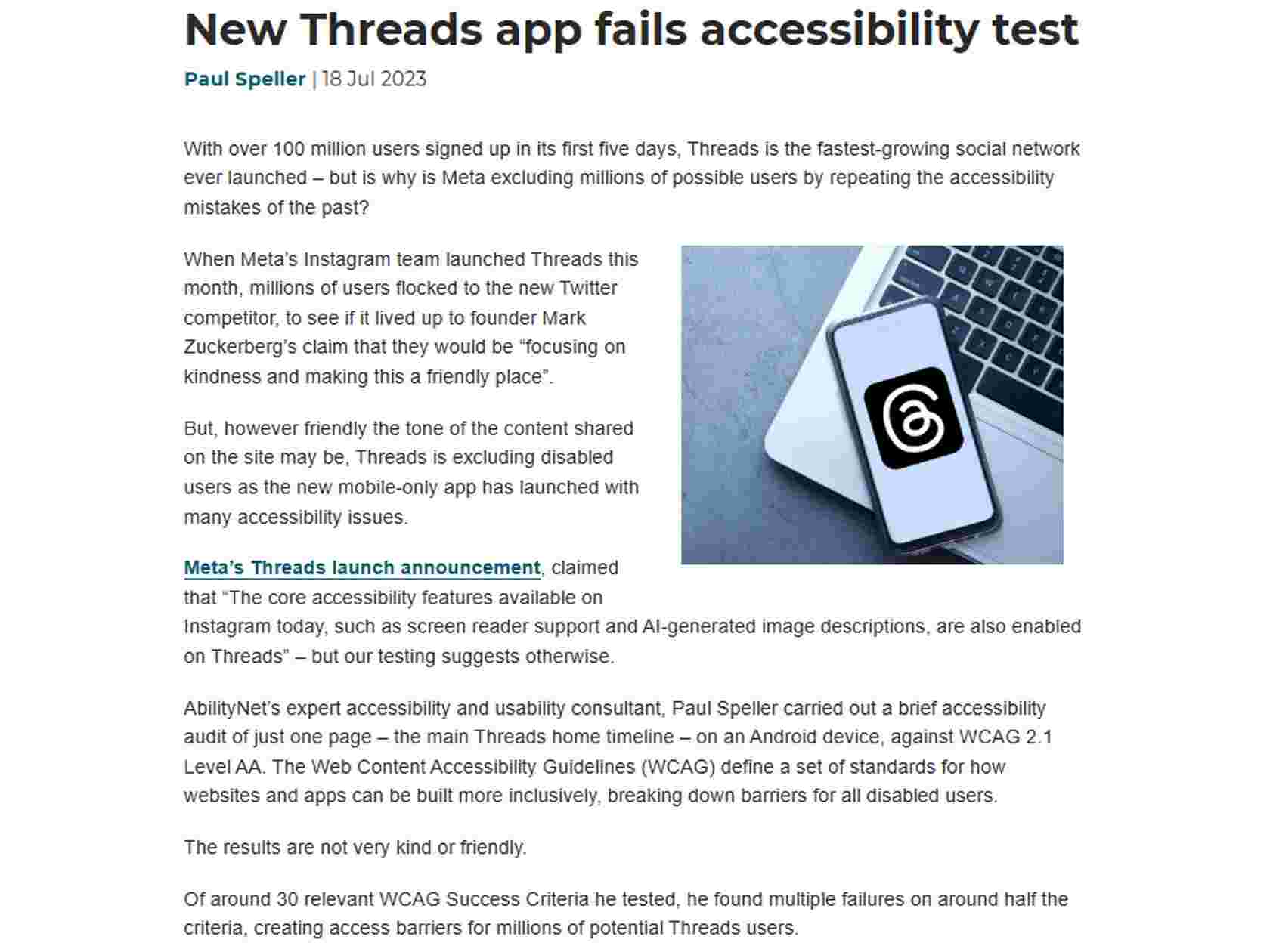 Article headline stating New Threads app fails accessibility test by Paul Speller with an image of the Threads logo.