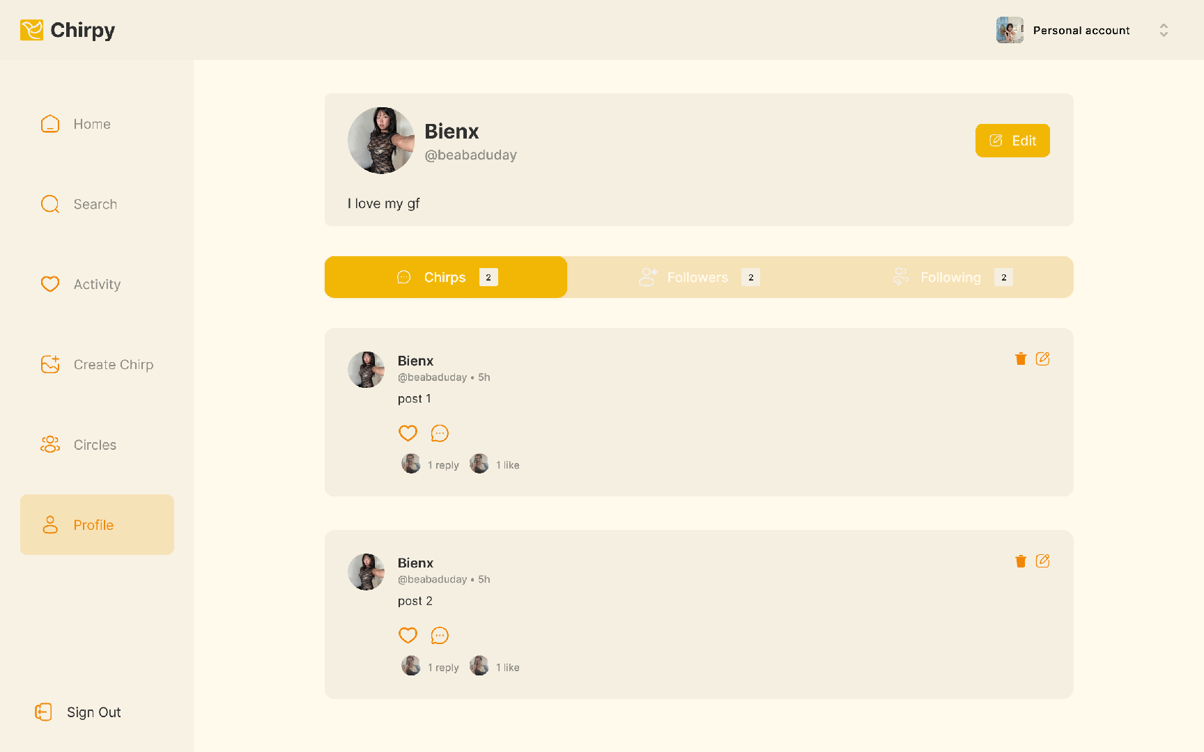 Chirpy user profile page for "Bienx" displaying follower counts, bio, and a chronological feed of personal chirps.