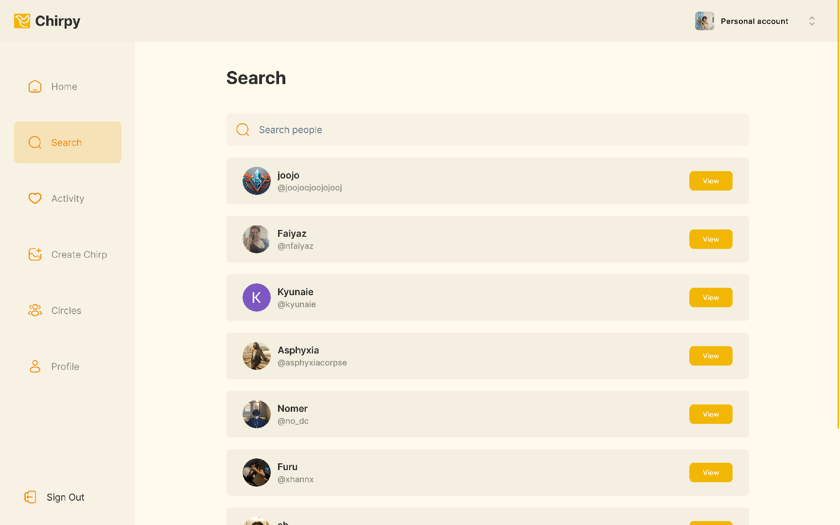 Chirpy search interface with active query for "The Ragers" and filtered results for users and community circles.