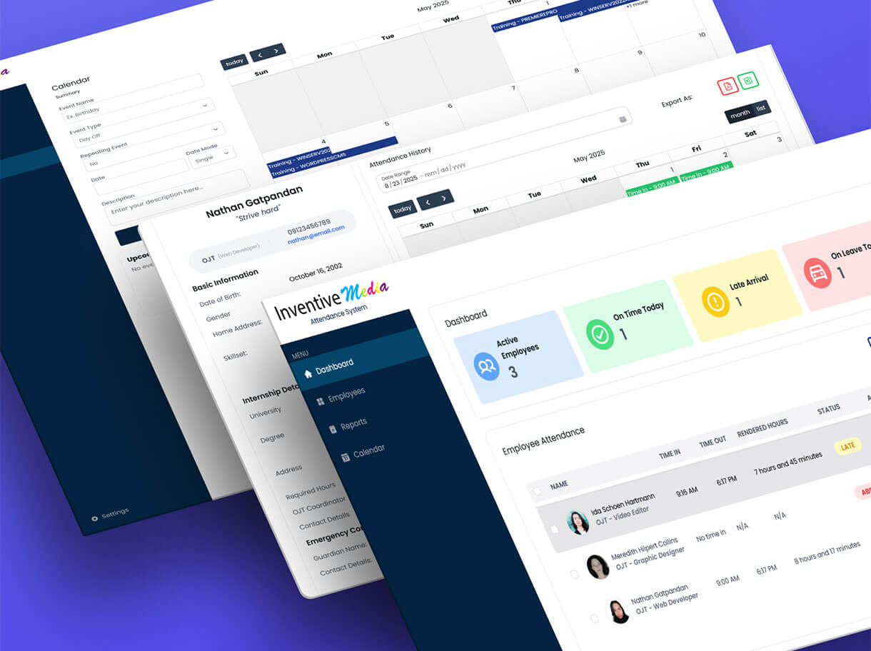 Layered screenshots of Inventive Media Attendance Management System UI showing dashboard, employee list, profile, and calendar on a purple background.
