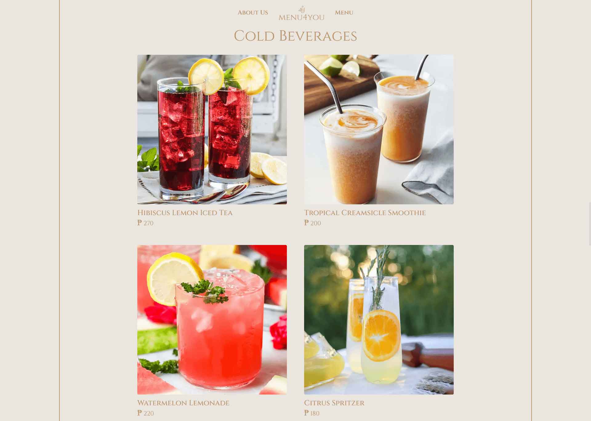 Cold beverages menu with photos and prices: Hibiscus Lemon Iced Tea, Tropical Creamsicle Smoothie, Watermelon Lemonade, Citrus Spritzer.