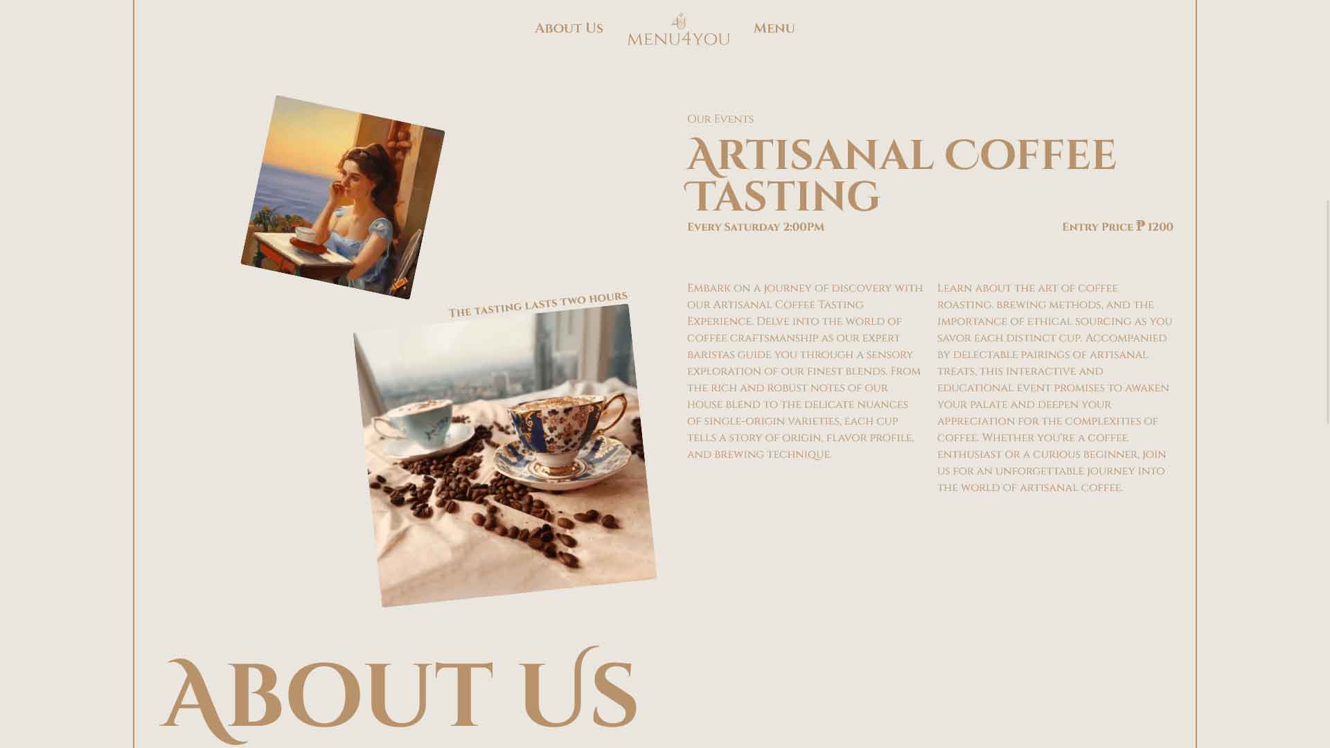 MENU4YOU events page promoting "Artisanal Coffee Tasting" with photos of cups and beans, event copy, schedule and price.