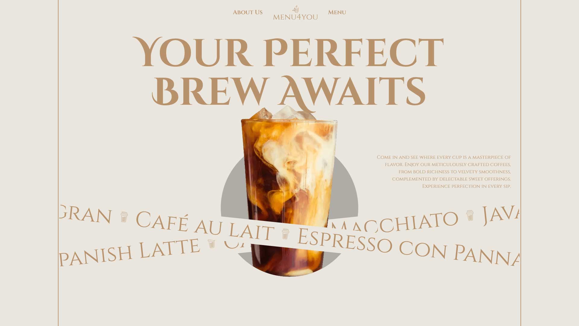 MENU4YOU website hero: large "Your Perfect Brew Awaits" headline, iced coffee image and decorative typographic band of coffee names.