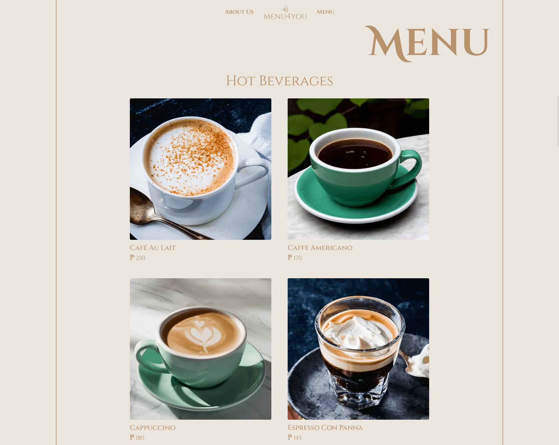 Hot beverages menu page with photos and prices: Café Au Lait, Caffè Americano, Cappuccino, Espresso con Panna.