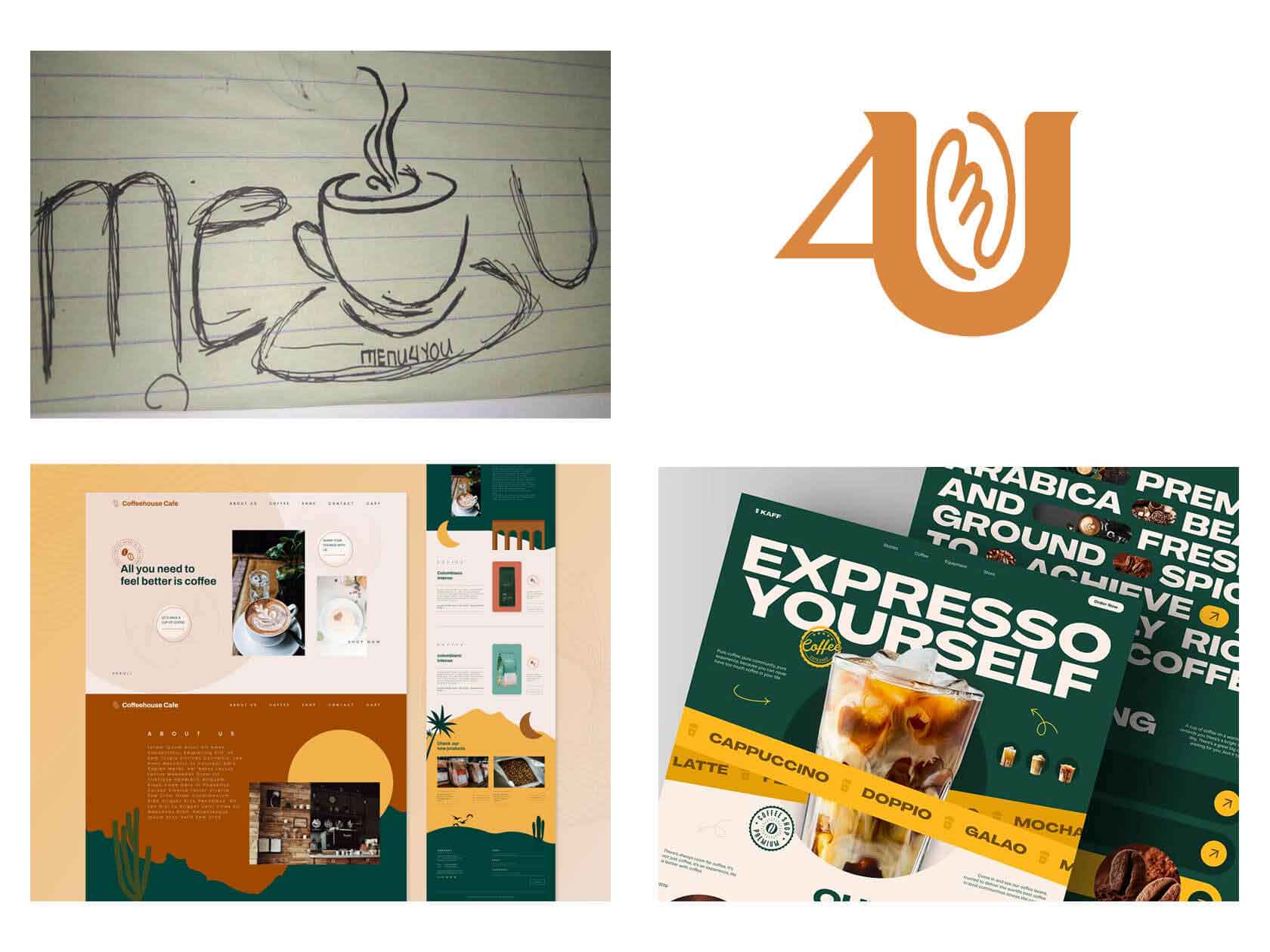 Four-panel coffee brand moodboard: hand-drawn cup sketch, orange "4U" logo, website mockup, and espresso poster.