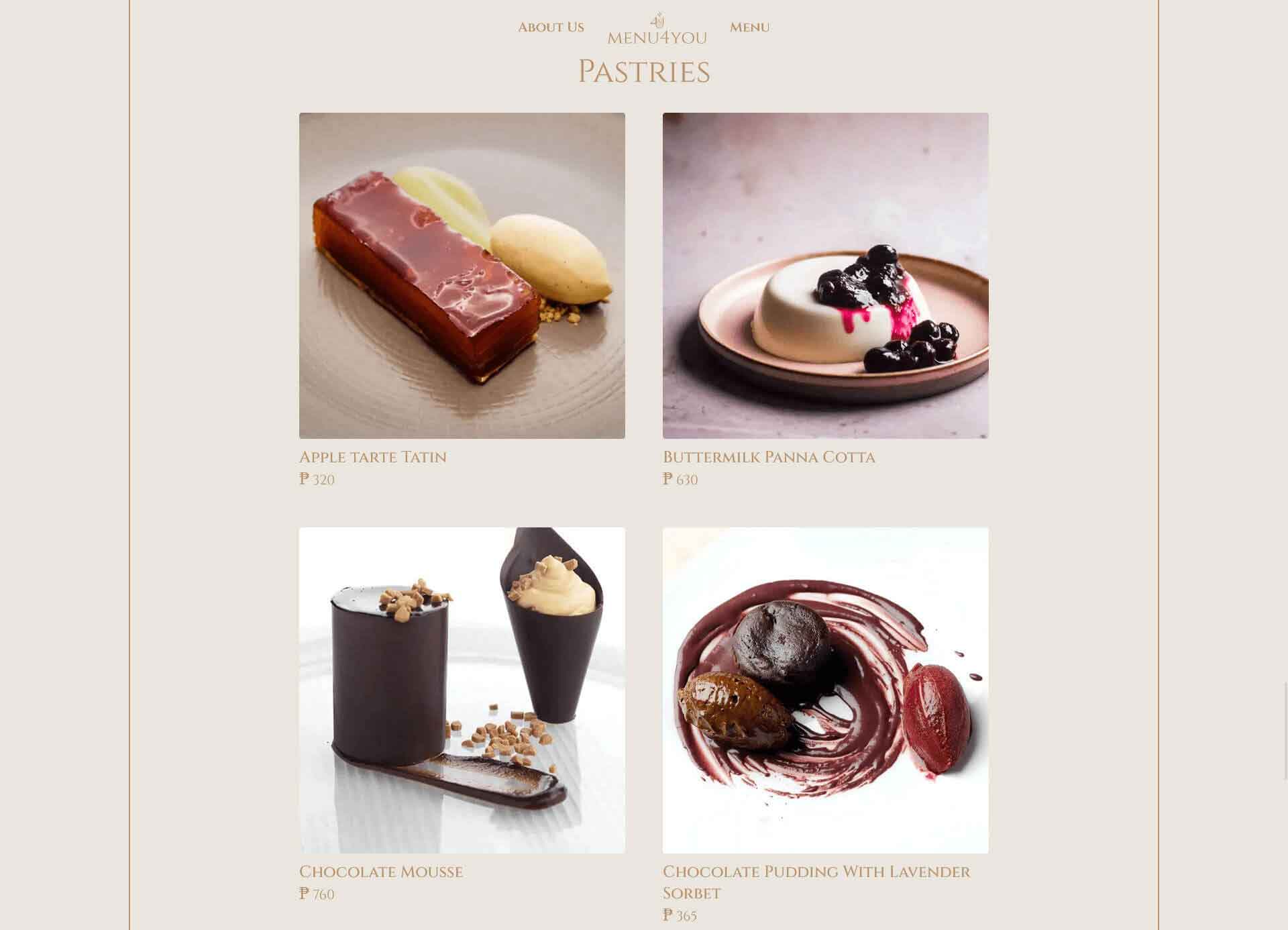 Pastries menu web page with photos and names: Apple Tarte Tatin, Buttermilk Panna cotta, Chocolate Mousse, Chocolate Pudding.