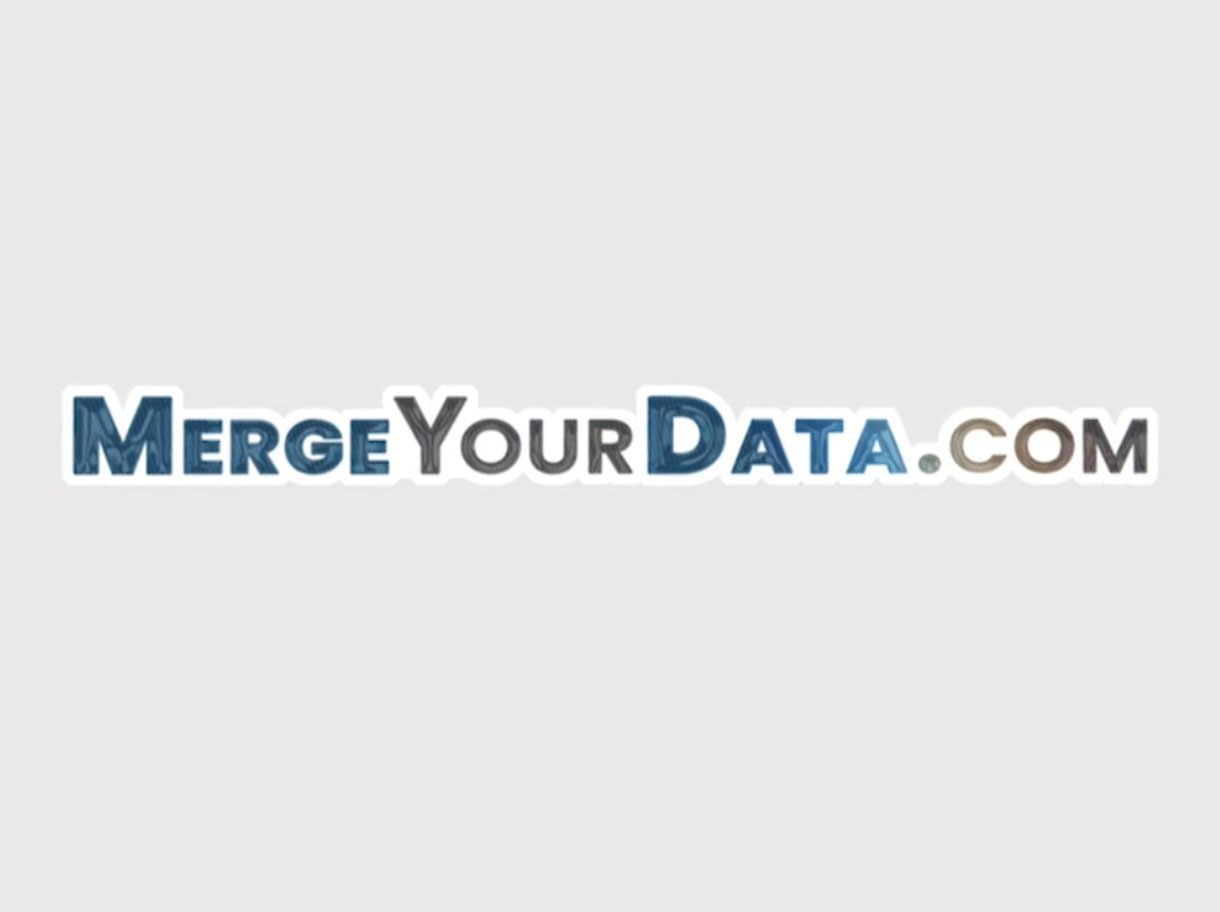MergeYourData.com wordmark logo with textured blue and gray lettering on a light background.