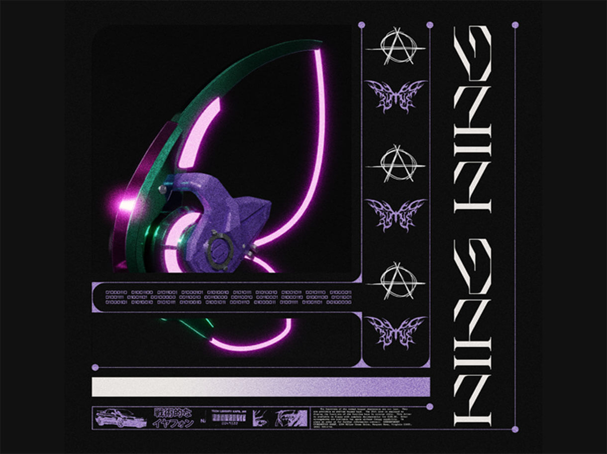 Cyberpunk-style of Aespa Ningning neon headphones illustration with purple and green glow, UI panels, binary strip, and anarchy & butterfly icons.