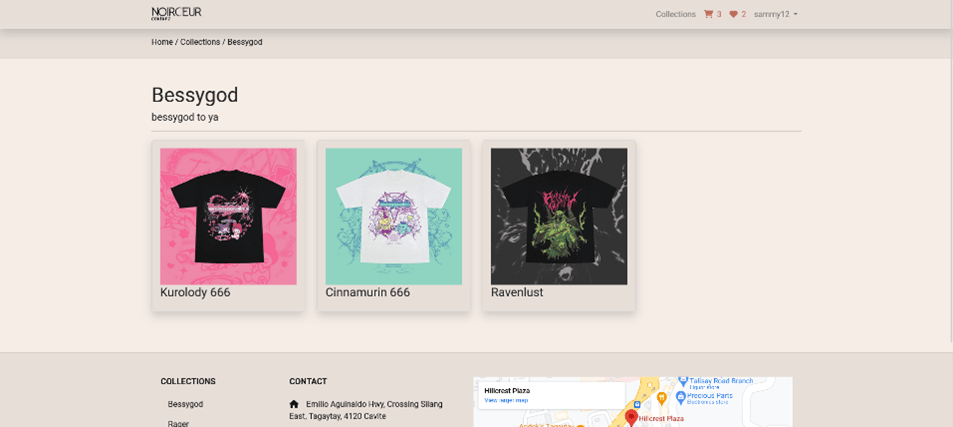 Bessygod t-shirt collection featuring gothic graphic designs on Noirceur Couture store