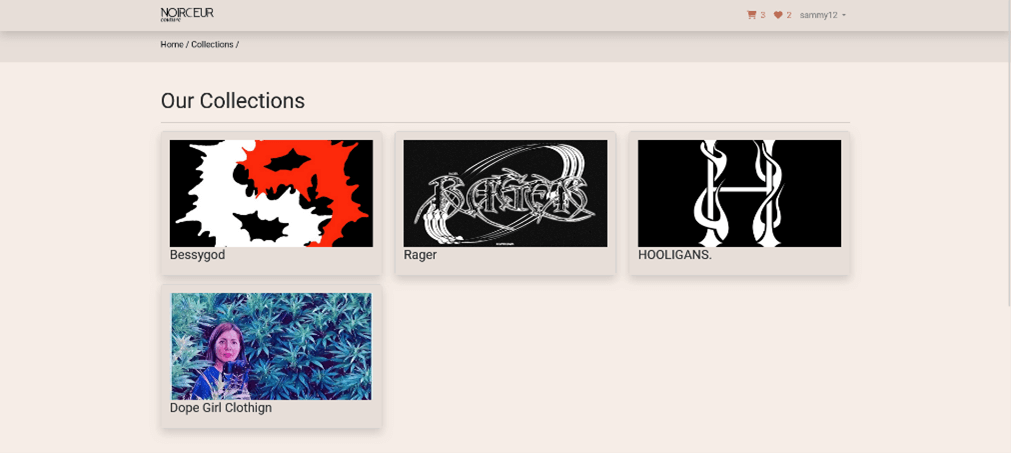Noirceur Couture collections page displaying Bessygod, Rager, Hooligans, and Dope Girl Clothing