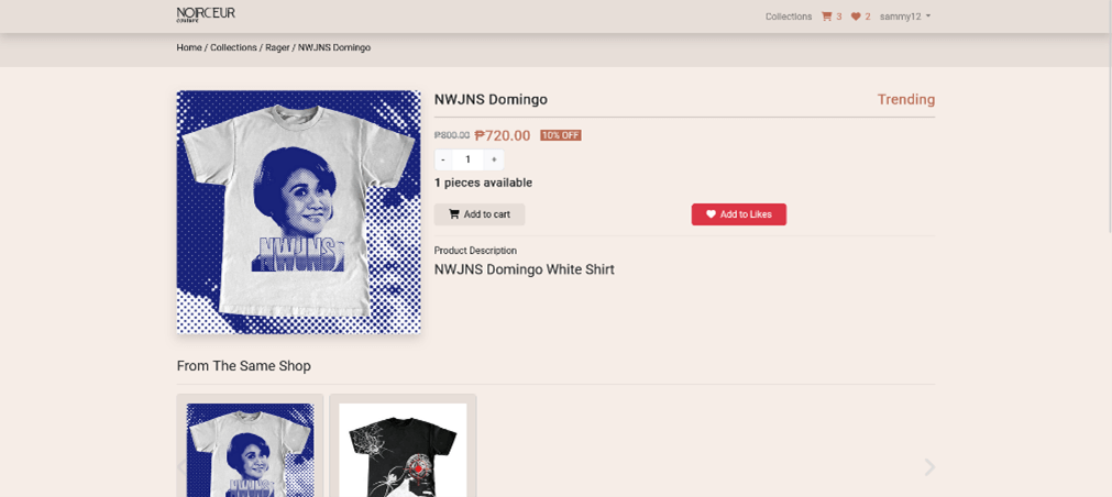 E-commerce product page interface for NWJNS Domingo white graphic t-shirt with trending tag and add to cart button.