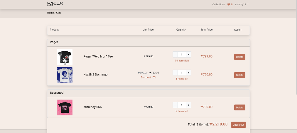 Shopping cart checkout page UI displaying multiple streetwear items, unit prices, and total calculation for Noirceur.