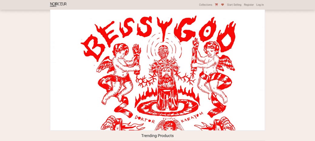 Bessygod gothic artwork banner featuring red religious illustration on Noirceur Couture homepage