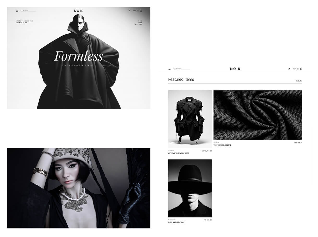 High-fashion mood board for Noir featuring monochrome avant-garde photography and minimalist UI design elements.