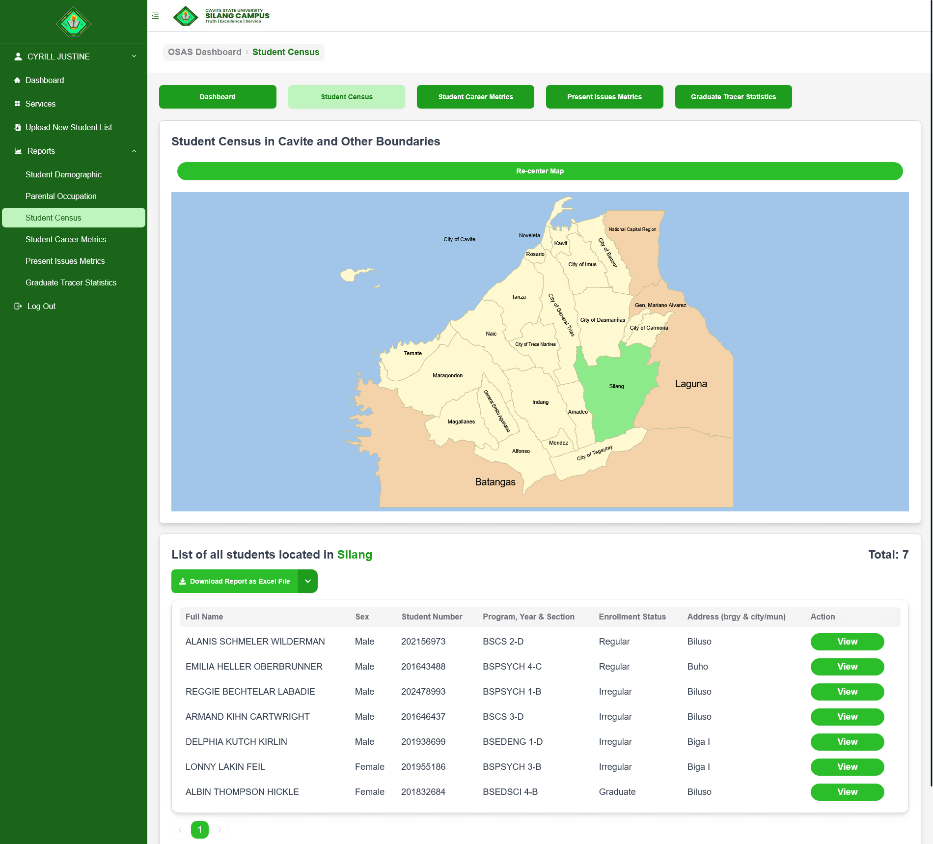Student census map with Silang highlighted and table listing seven students, including export-to-Excel option.