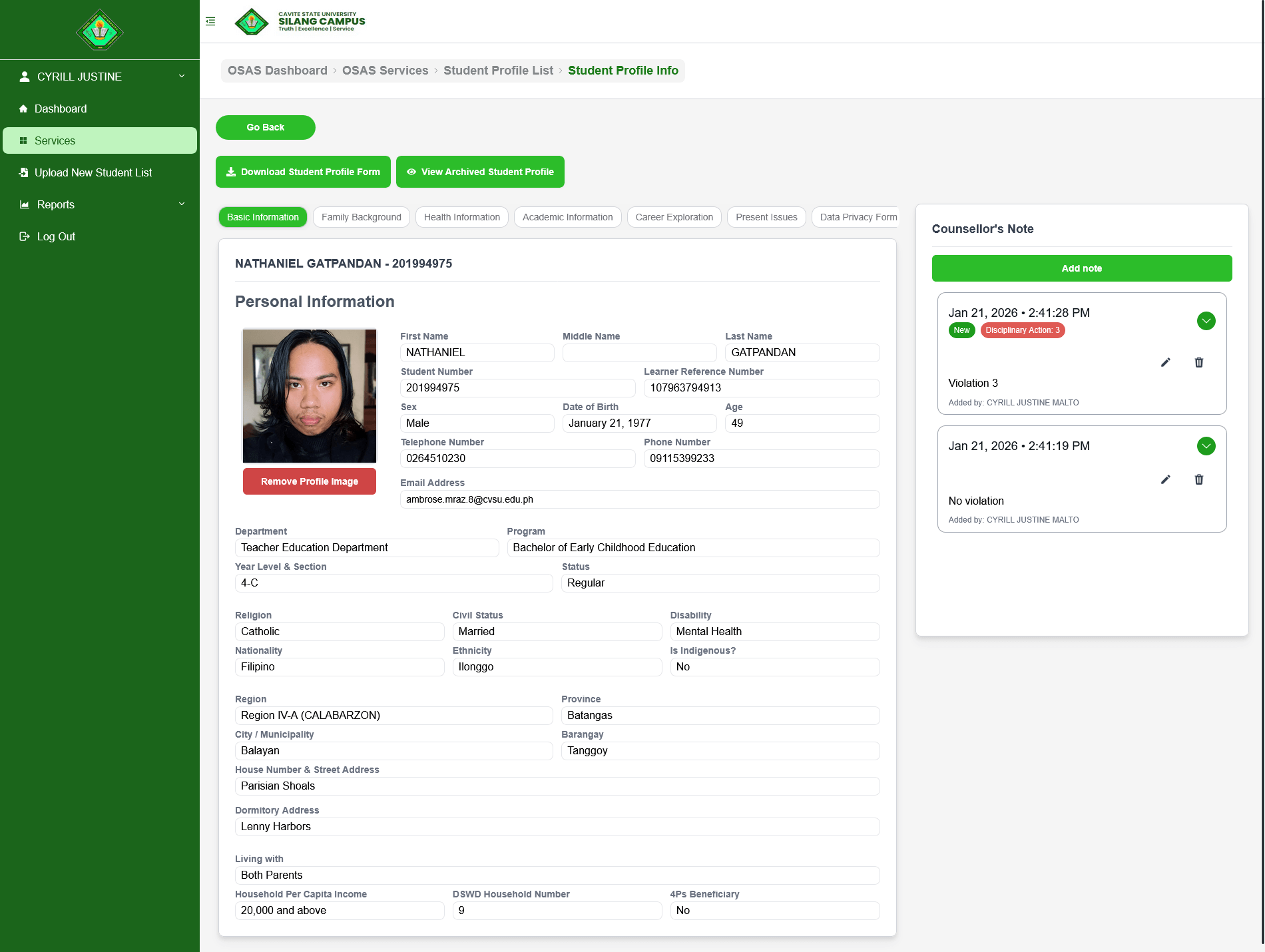 Detailed student profile page showing profile photo, personal and contact fields, program info, and a counselor notes panel.