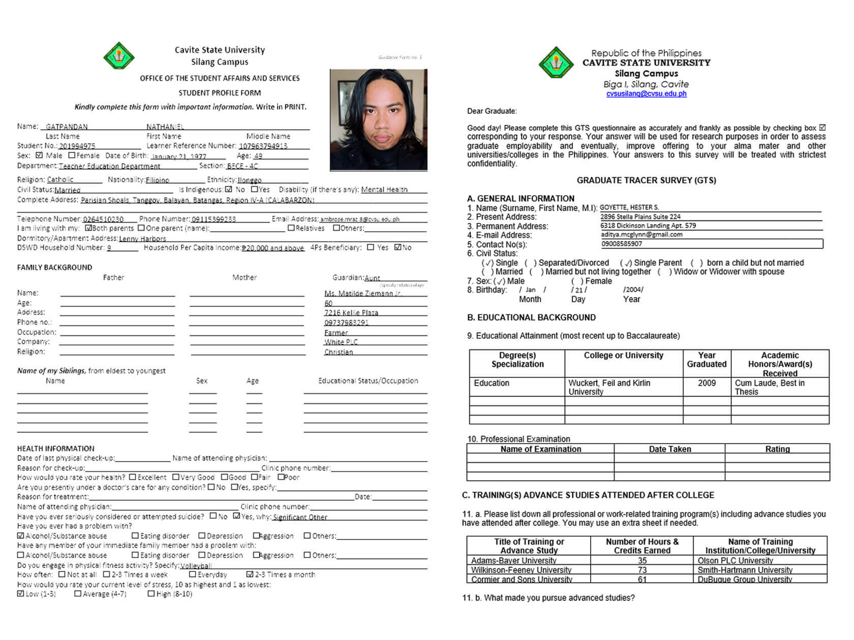 Two printed university forms side-by-side: a student profile intake sheet with photo, family and health sections, and a graduate tracer survey page.