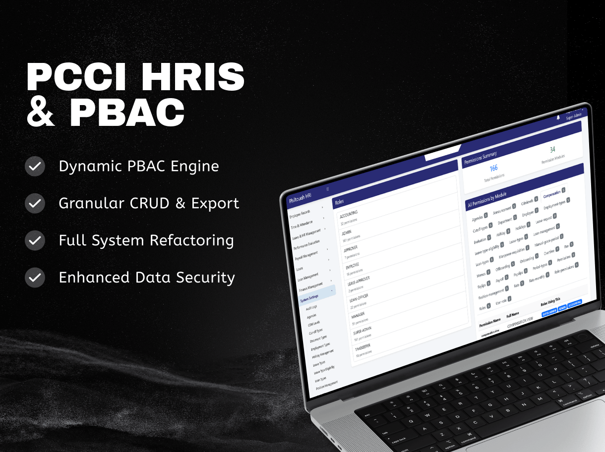Philtough Cargo Care Inc. human resources information system dashboard displaying dynamic permission based access control roles and settings on a laptop screen