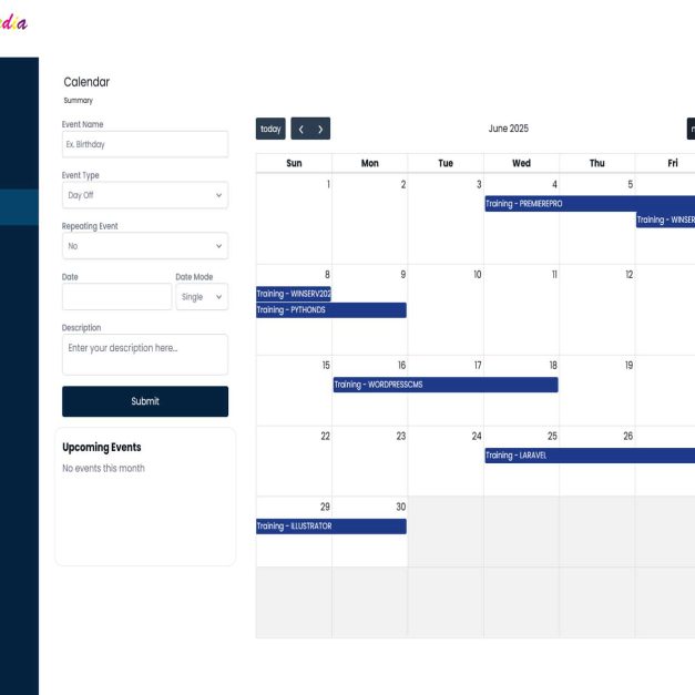Inventive Media attendance system calendar interface for June 2025 showing event creation form with fields for event name, type, repeating options, date mode, and description, alongside monthly calendar view displaying scheduled training events including PREMIEREPRO, PYTHONDS, WINSERV2022ADMIN, WORDPRESSCMS, LARAVEL, and ILLUSTRATOR with view toggle options for month, week, day, and list