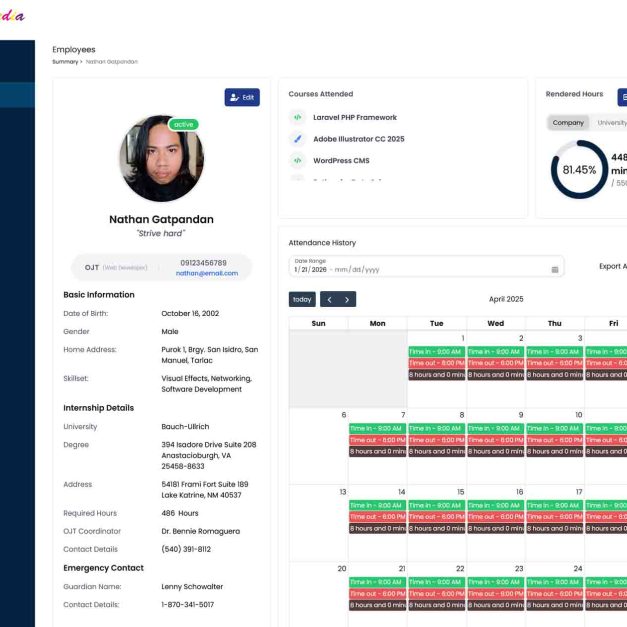 Inventive Media employee profile page for Nathan Gatpandan showing active status, OJT Web Developer position with contact information 09123456789 and nathan@email.com, basic information including birth date October 16 2002, male gender, home address in Purok 1 Brgy San Isidro Tarlac, skills in Visual Effects and Software Development, internship details from Bauch-Ullrich university requiring 488 hours, courses attended including Laravel PHP Framework Adobe Illustrator and WordPress CMS, rendered hours of 448 hours 0 minutes representing 81. 45% of 550 total hours, and April 2025 attendance history calendar showing daily time-in at 9:00 AM and time-out at 6:00 PM with 8-hour work days