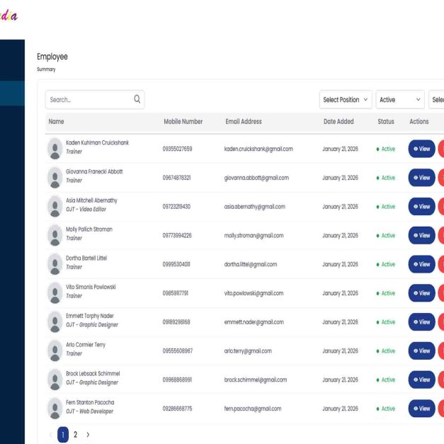 Inventive Media employee management system showing comprehensive employee directory with 10 staff members including trainers, video editors, graphic designers, and web developers, displaying contact information, positions, active status, and view/archive action buttons with filter options for position, status, and gender