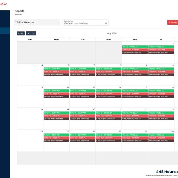 Inventive Media attendance reports calendar for May 2025 showing Nathan Gatpandan's daily work schedule with time-in at 09:00 AM and time-out at 18:00 PM, totaling 8 hours per day with 448 total hours rendered from March 14 to June 28, 2025, featuring PDF and Excel export options