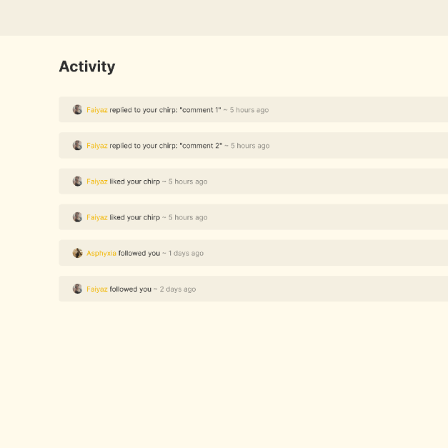 Chirpy activity notifications page listing recent likes, replies, and new followers from users Faiyaz and Asphyxia.