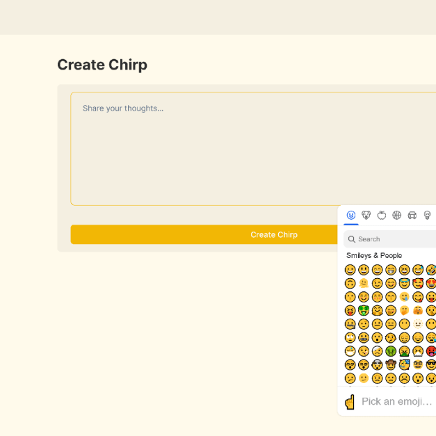 "Create Chirp" interface featuring a text area and an active emoji picker for expressive microblogging.