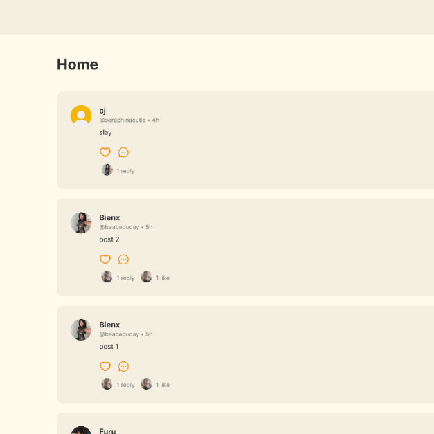 Chirpy social media homepage UI showing user feed with posts from Bienx and cj including likes and replies.