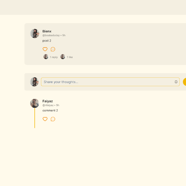 Chirpy post interaction screen with a reply input field and nested comment from user Faiyaz on a Bienx post.