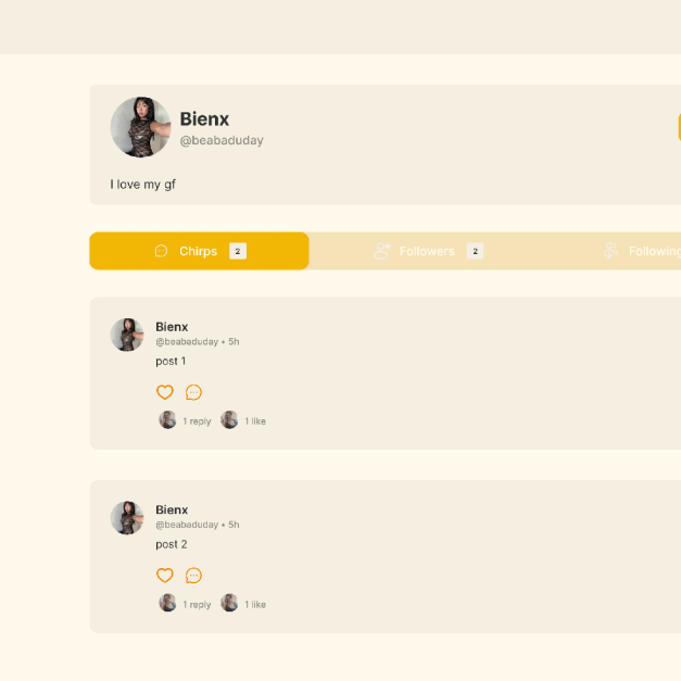 Chirpy user profile page for "Bienx" displaying follower counts, bio, and a chronological feed of personal chirps.