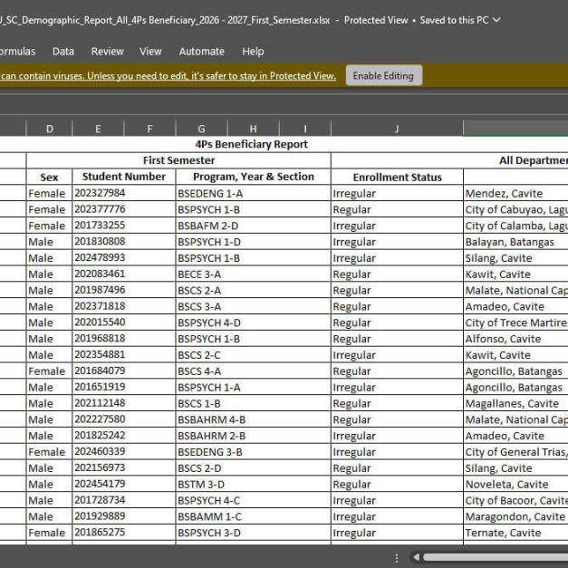Excel 4Ps Beneficiary Report (First Semester 2026–2027) showing a tabular student list with columns for sex, student number, program/year & section, enrollment status, and address.