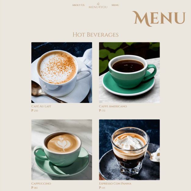 Hot beverages menu page with photos and prices: Café Au Lait, Caffè Americano, Cappuccino, Espresso con Panna.