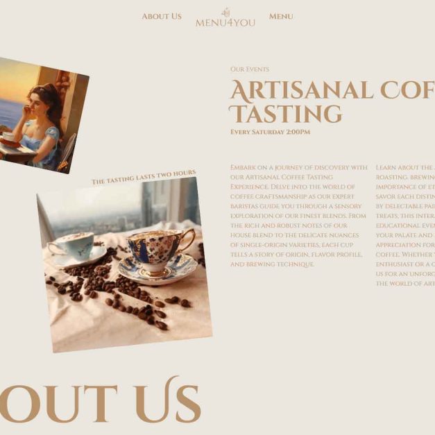 MENU4YOU events page promoting "Artisanal Coffee Tasting" with photos of cups and beans, event copy, schedule and price.