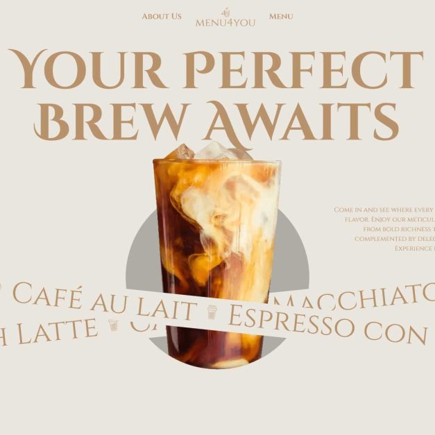 MENU4YOU website hero: large "Your Perfect Brew Awaits" headline, iced coffee image and decorative typographic band of coffee names.