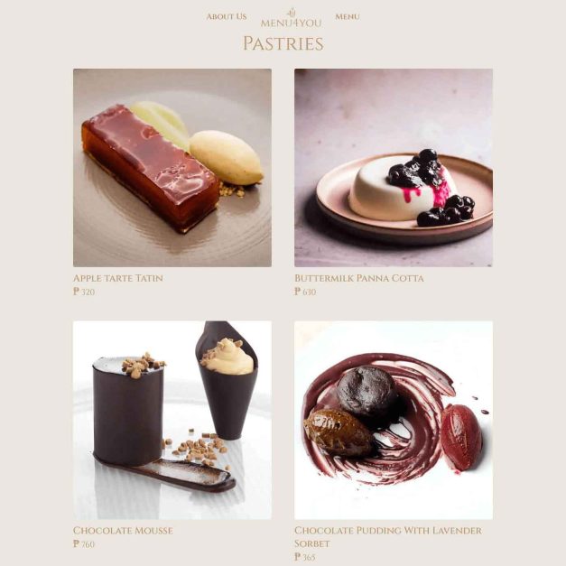 Pastries menu web page with photos and names: Apple Tarte Tatin, Buttermilk Panna cotta, Chocolate Mousse, Chocolate Pudding.