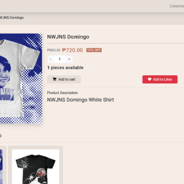 E-commerce product page interface for NWJNS Domingo white graphic t-shirt with trending tag and add to cart button.