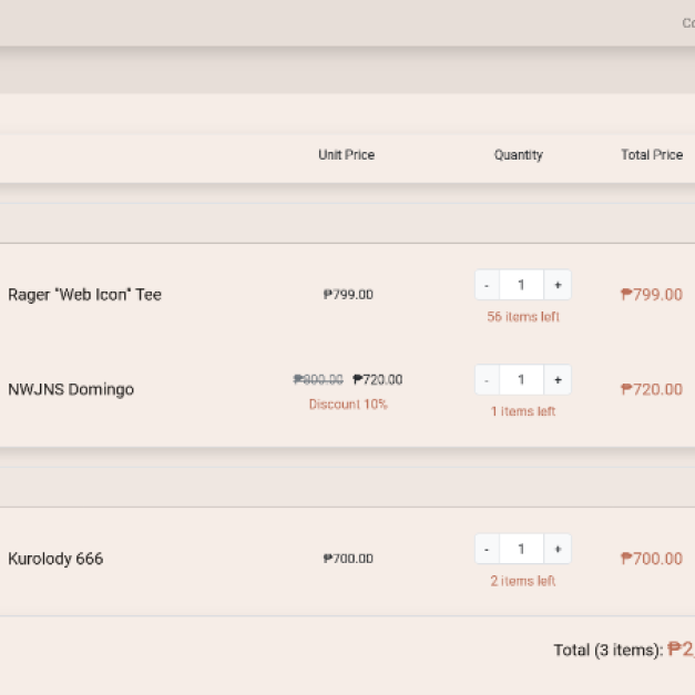 Shopping cart checkout page UI displaying multiple streetwear items, unit prices, and total calculation for Noirceur.