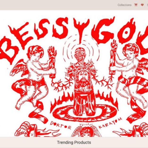 Bessygod gothic artwork banner featuring red religious illustration on Noirceur Couture homepage