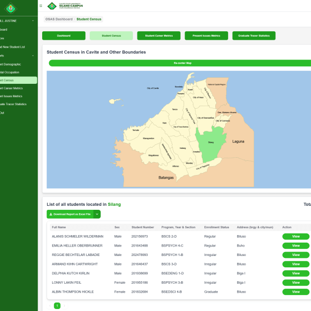 Student census map with Silang highlighted and table listing seven students, including export-to-Excel option.